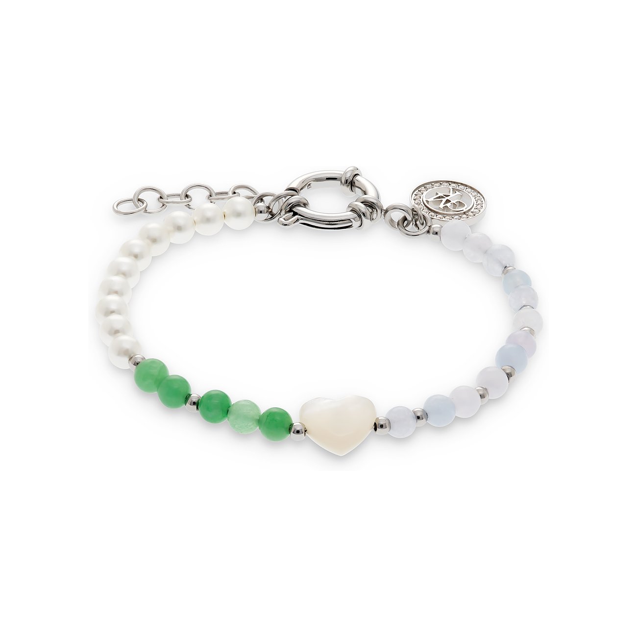 Bracelet Guido Maria Kretschmer en acier inoxydable avec perles, pierres vertes et bleues et pendentif en forme de cœur.