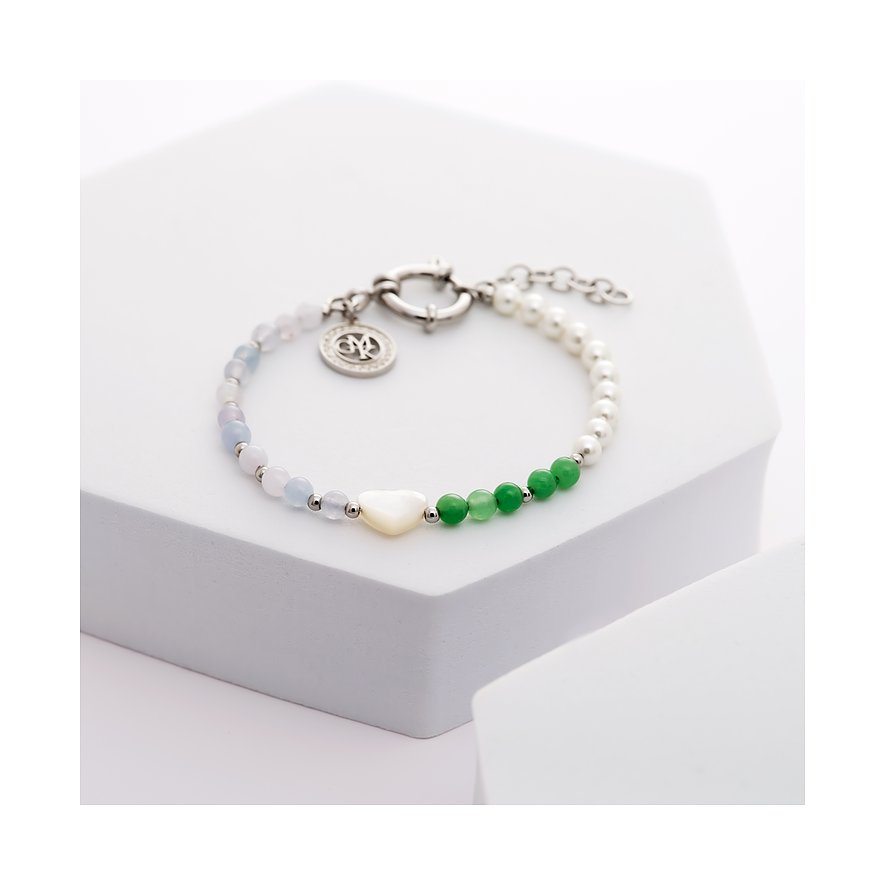 Bracelet Guido Maria Kretschmer en acier, perles de pierre/perles, pendentif cœur et fermoir logo.