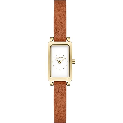 Skagen Damenuhr mit goldfarbenem Edelstahlgehäuse und braunem Armband.