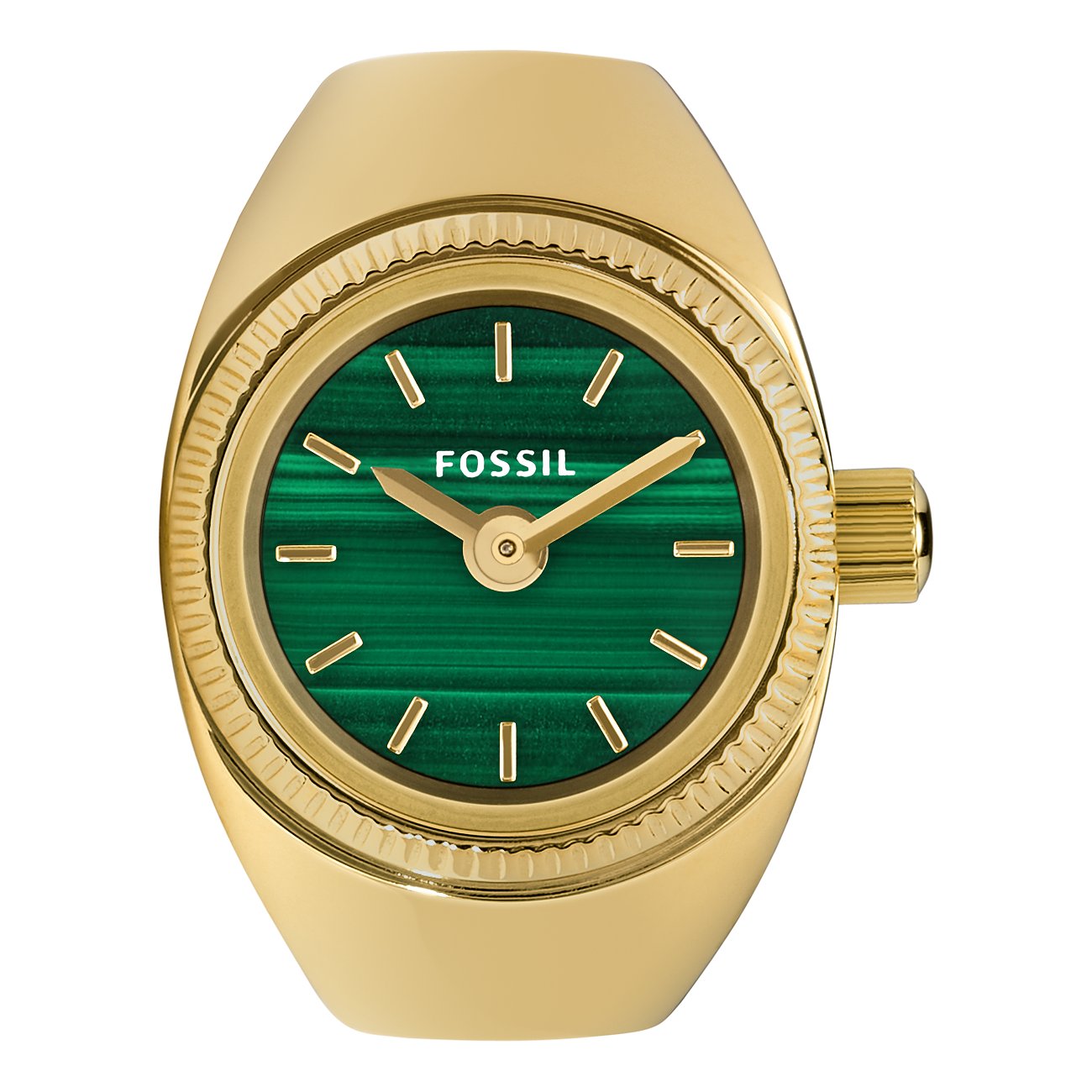 Fossil damklocka med guldfärgat boett och grön urtavla.
