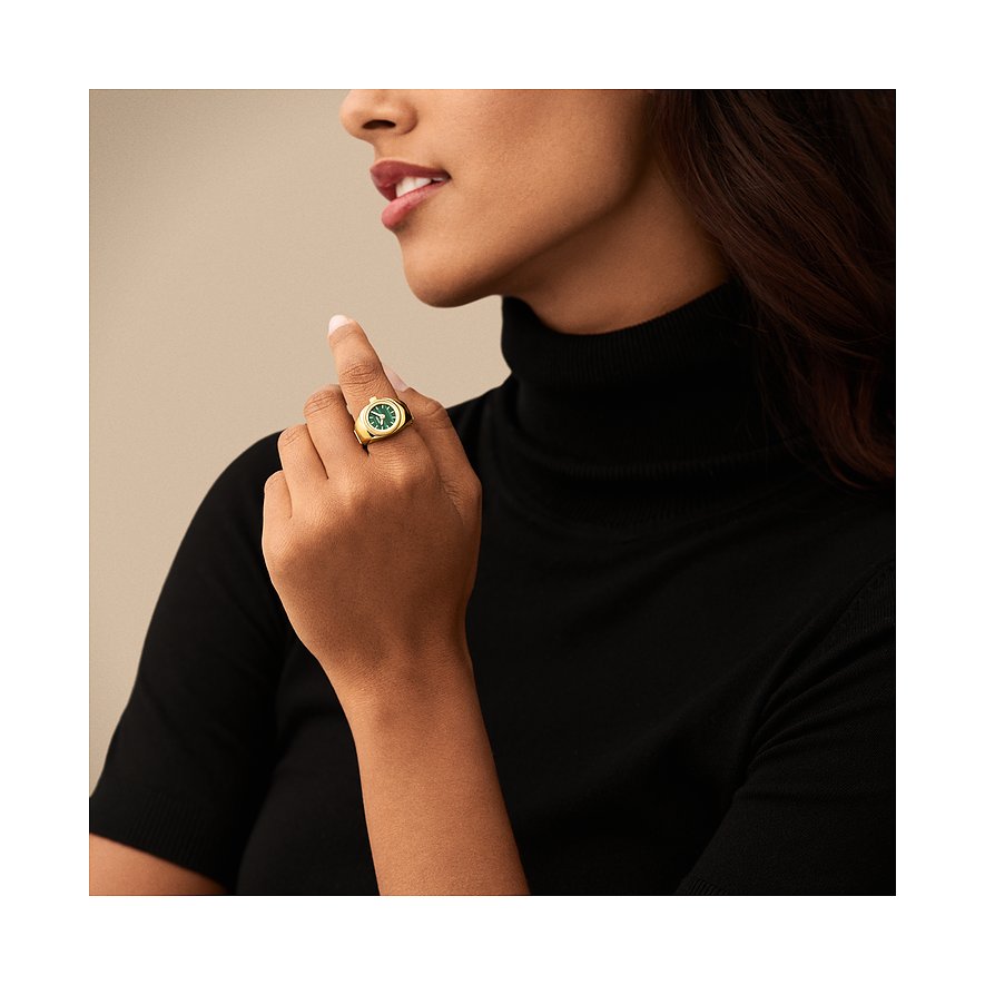 Fossil damklocka med guldfärgat boett och grön urtavla.