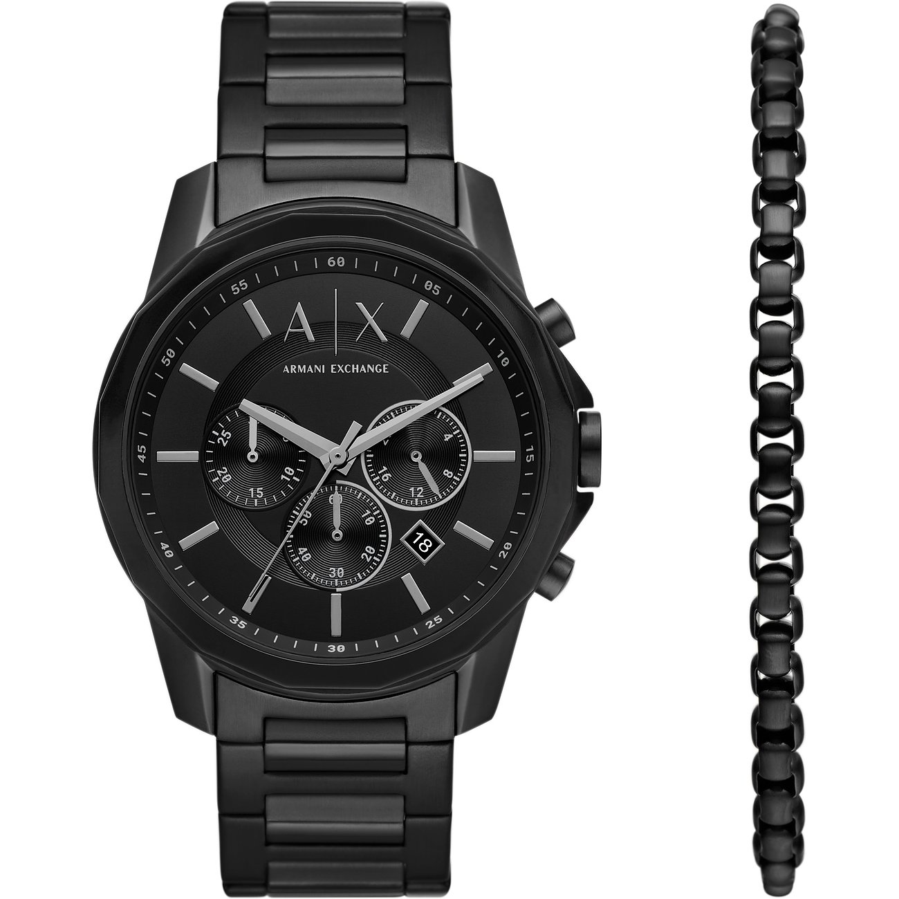 Set cronografo nero Armani Exchange con display analogico.