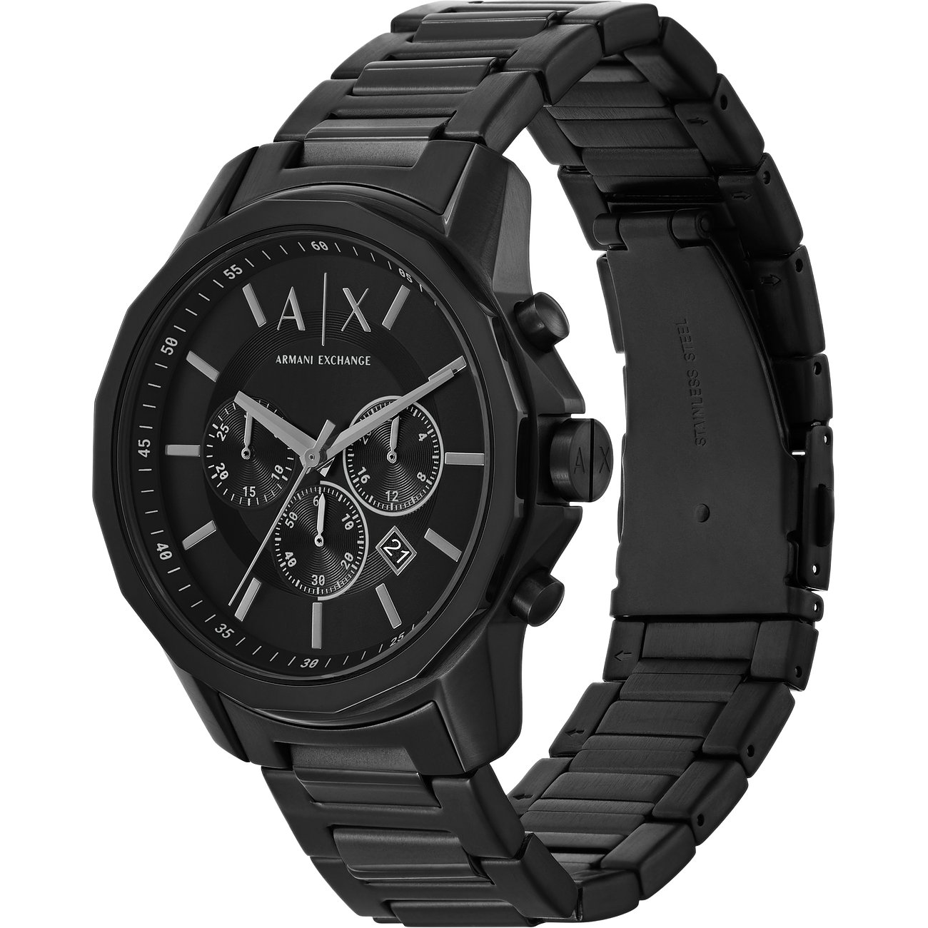 Orologio analogico nero da uomo Armani Exchange con cassa in acciaio inossidabile e cronografo.