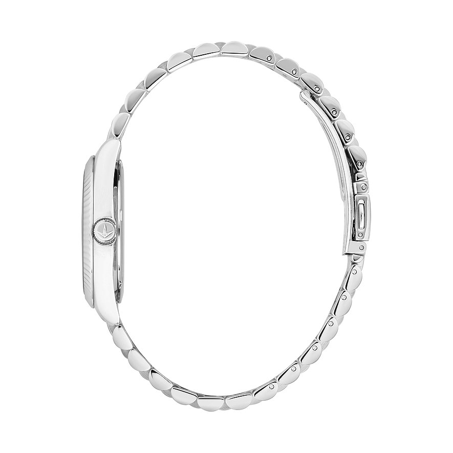 Seitenansicht einer Lucien Rochat Damenuhr aus poliertem Edelstahl mit ovalem Gehäuse und Gliederarmband.