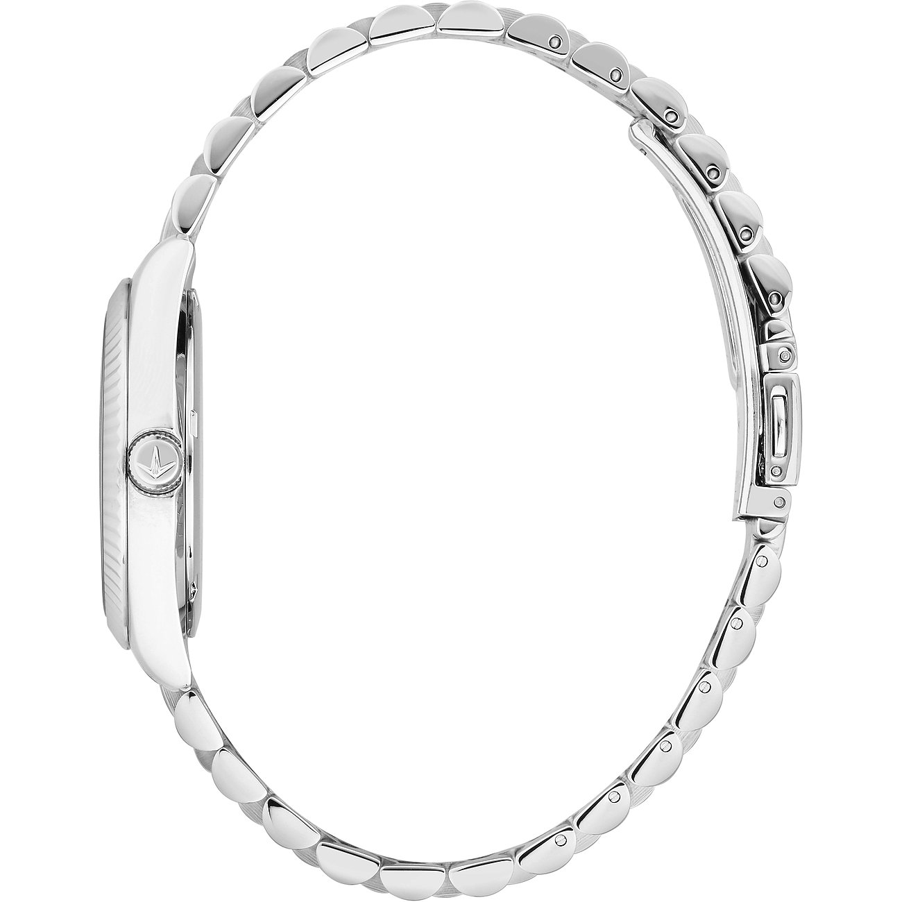 Seitenansicht einer Lucien Rochat Damenuhr aus poliertem Edelstahl mit ovalem Gehäuse und Gliederarmband.