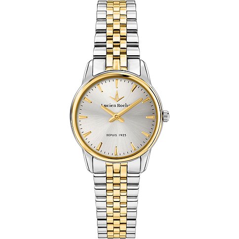 Eine Lucien Rochat Damenuhr aus bicolorfarbenem Edelstahl mit silberfarbenem Zifferblatt und goldfarbenen Akzenten.