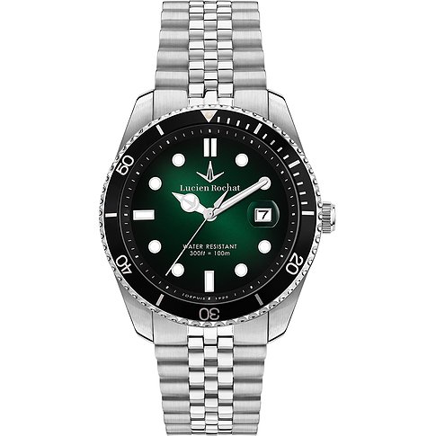 Eine Lucien Rochat Herrenuhr aus Edelstahl mit gebürstetem Metallarmband und einem grünen Zifferblatt.