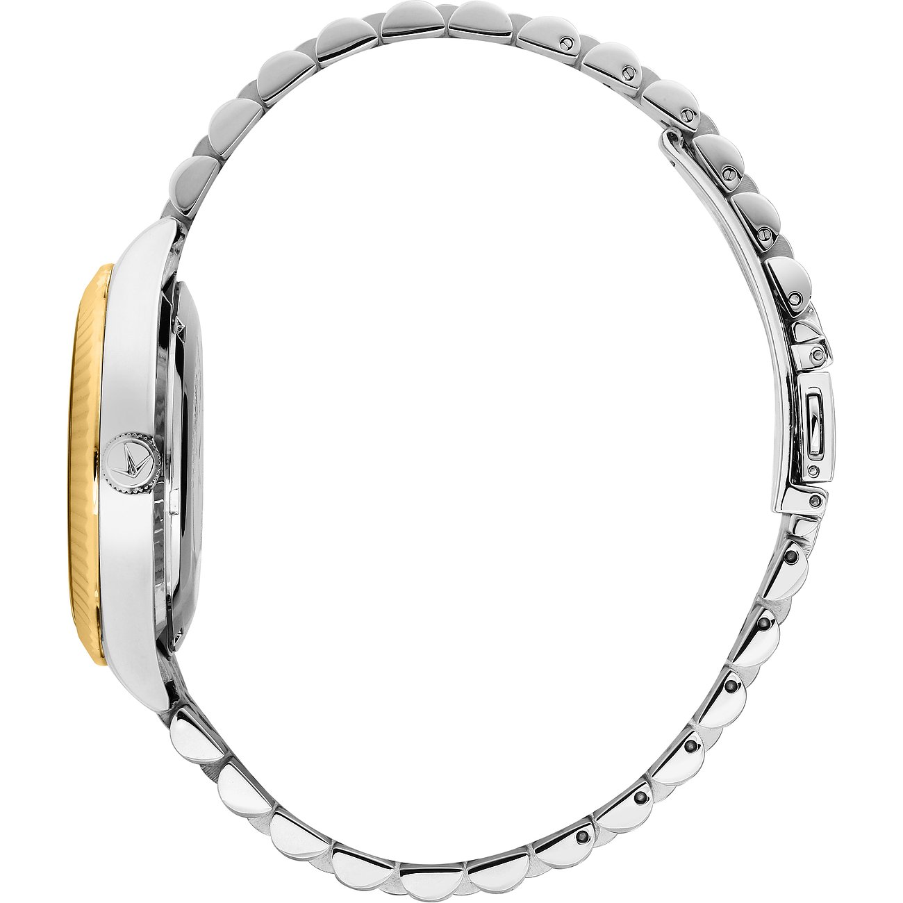 Seitenansicht einer Lucien Rochat Herrenuhr aus goldfarbenem und silberfarbenem Edelstahl auf weißem Hintergrund.