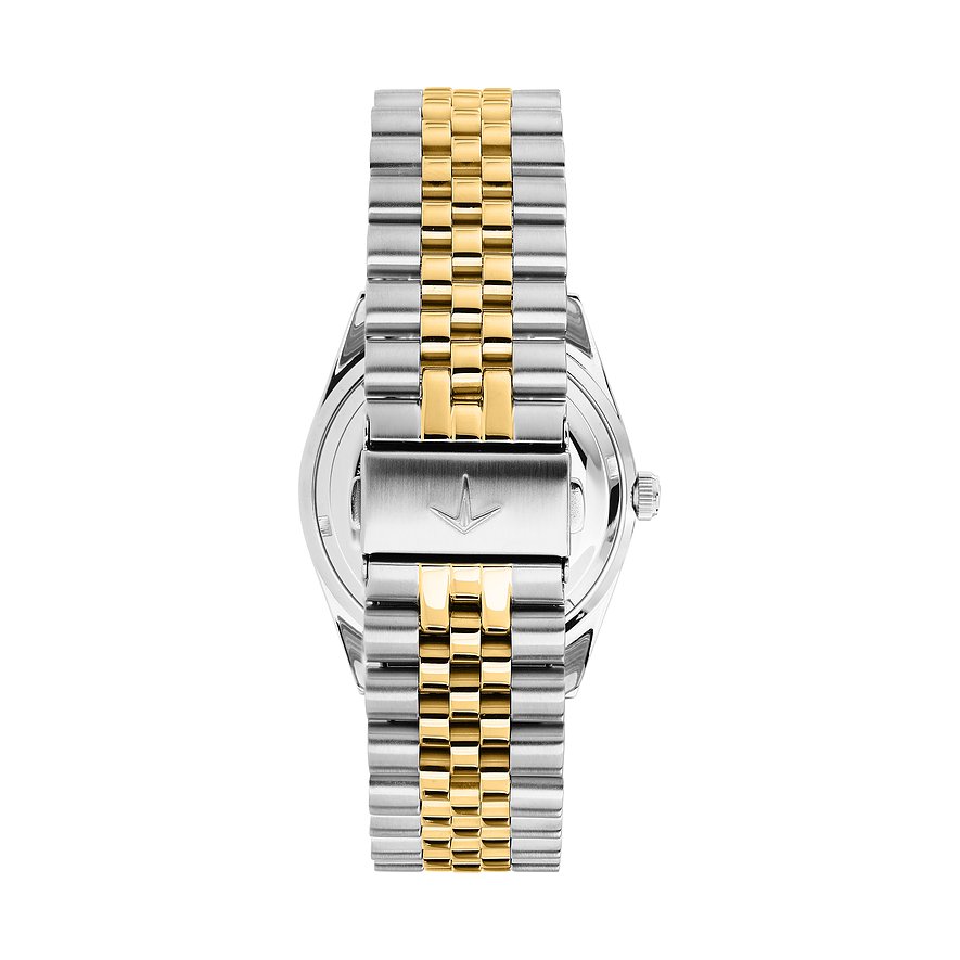 Rückseite einer Lucien Rochat Herrenuhr aus Edelstahl, mit einem silber- und goldfarbenen Metallarmband.