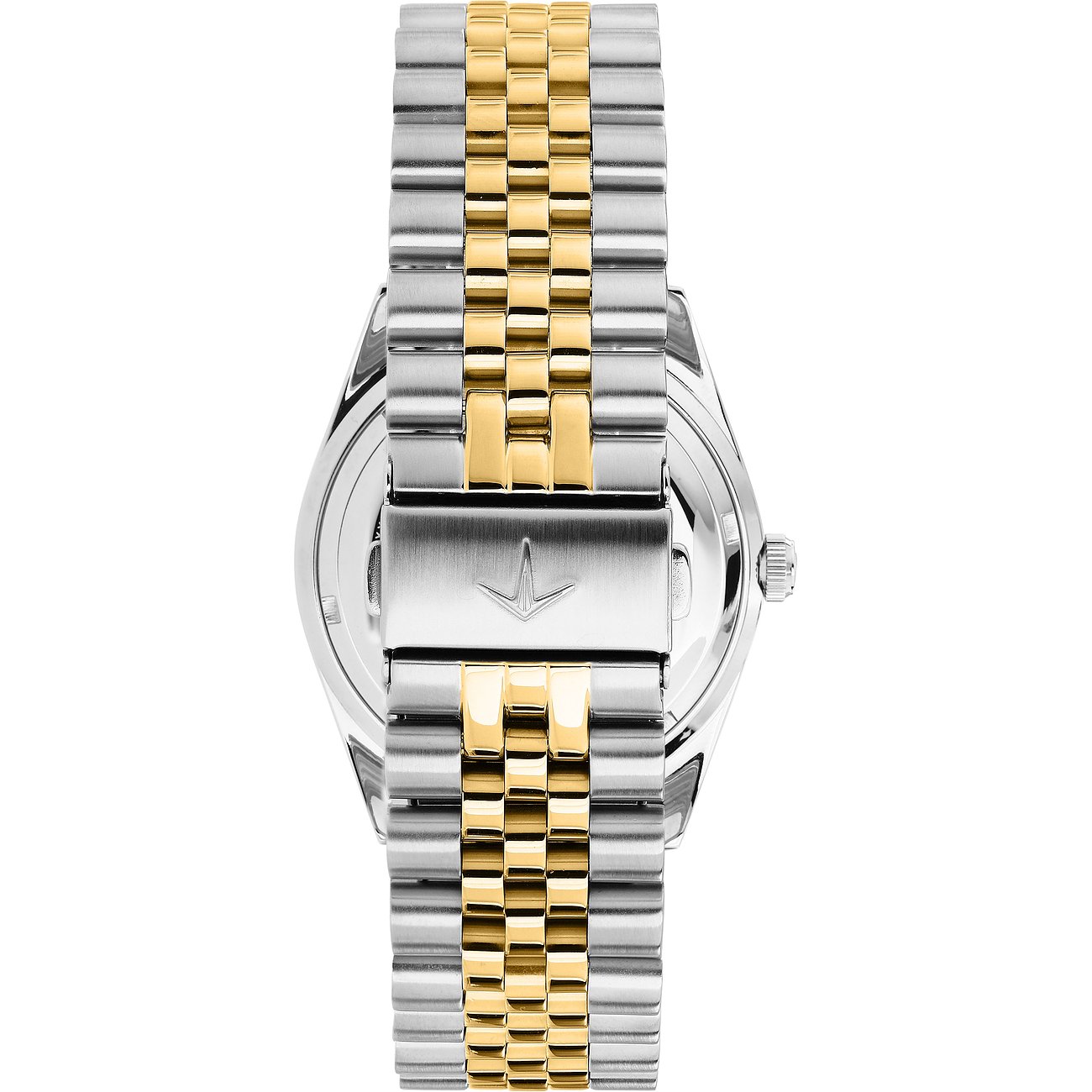 Rückseite einer Lucien Rochat Herrenuhr aus Edelstahl, mit einem silber- und goldfarbenen Metallarmband.
