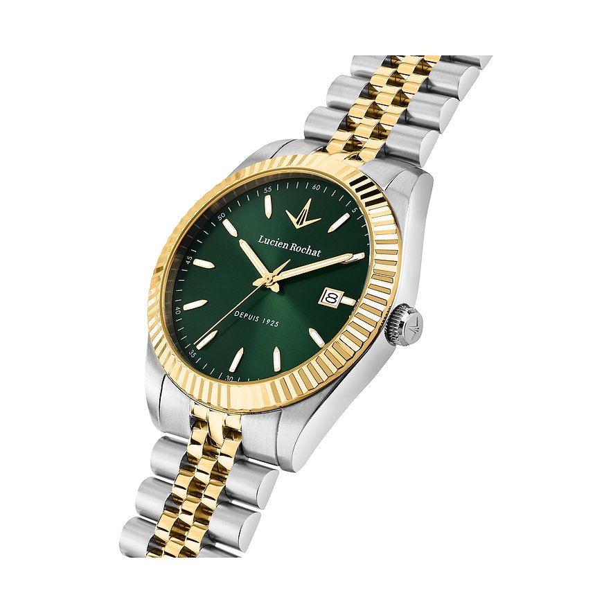 Eine Lucien Rochat Herrenuhr aus Edelstahl mit goldenen Details und grünem Zifferblatt, schräg von vorne aufgenommen.