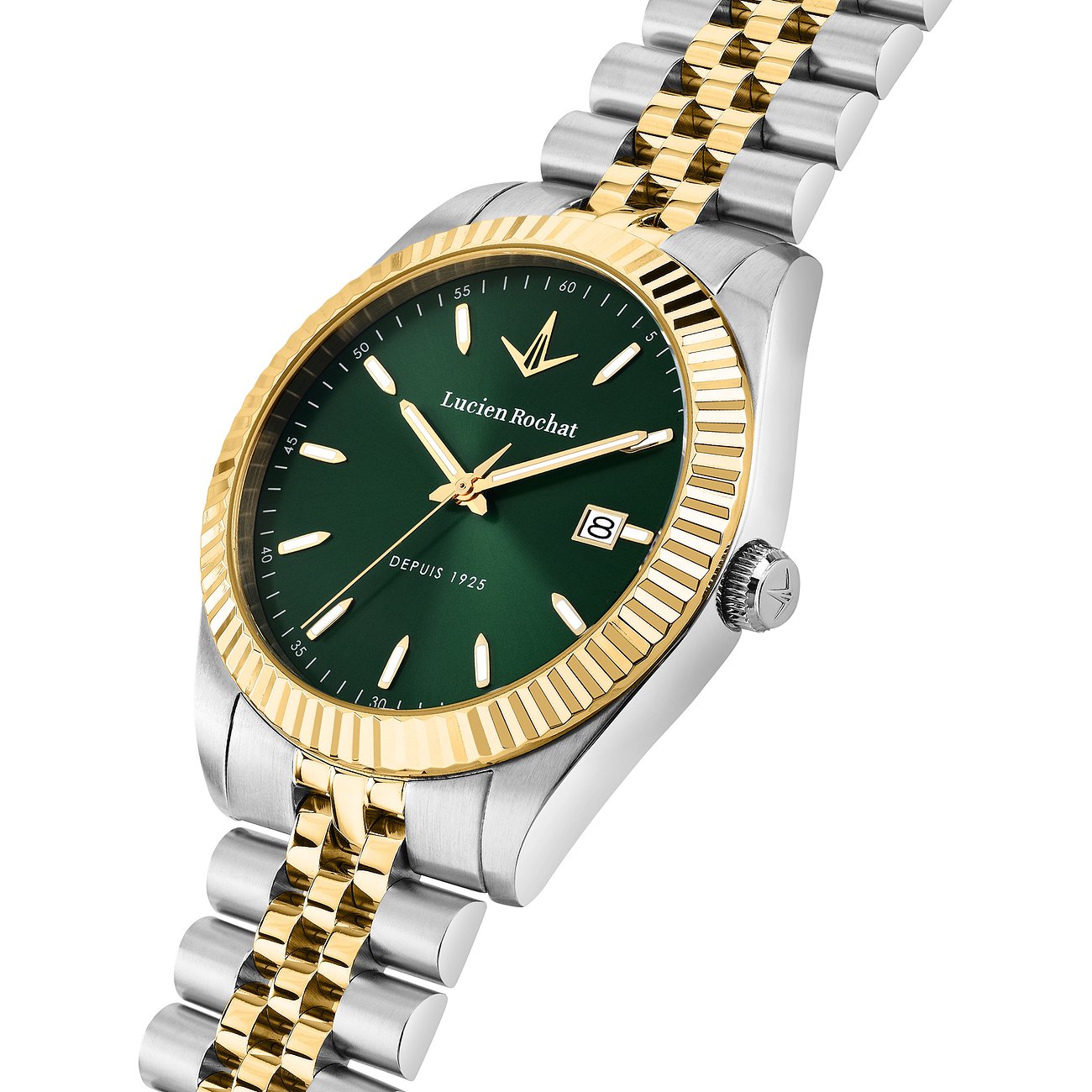 Eine Lucien Rochat Herrenuhr aus Edelstahl mit goldenen Details und grünem Zifferblatt, schräg von vorne aufgenommen.
