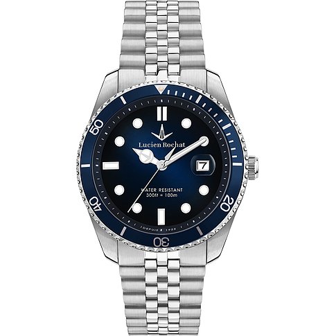 Die Lucien Rochat Herrenuhr aus Edelstahl mit blauem Zifferblatt und silberfarbenem Armband, von oben gesehen.