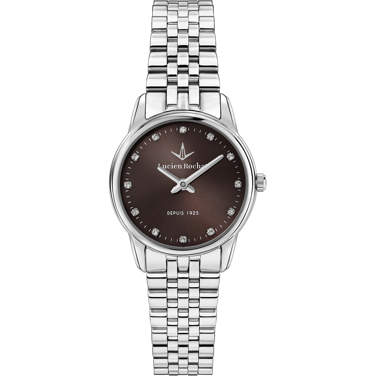 Montre femme Lucien Rochat en acier inoxydable, cadran brun, index diamants, sur fond blanc.