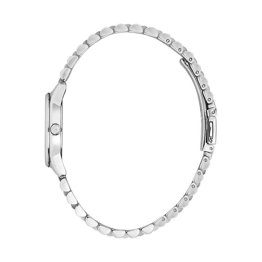 Vue latérale de la montre femme Lucien Rochat en acier inoxydable, avec bracelet et boîtier en filigrane.