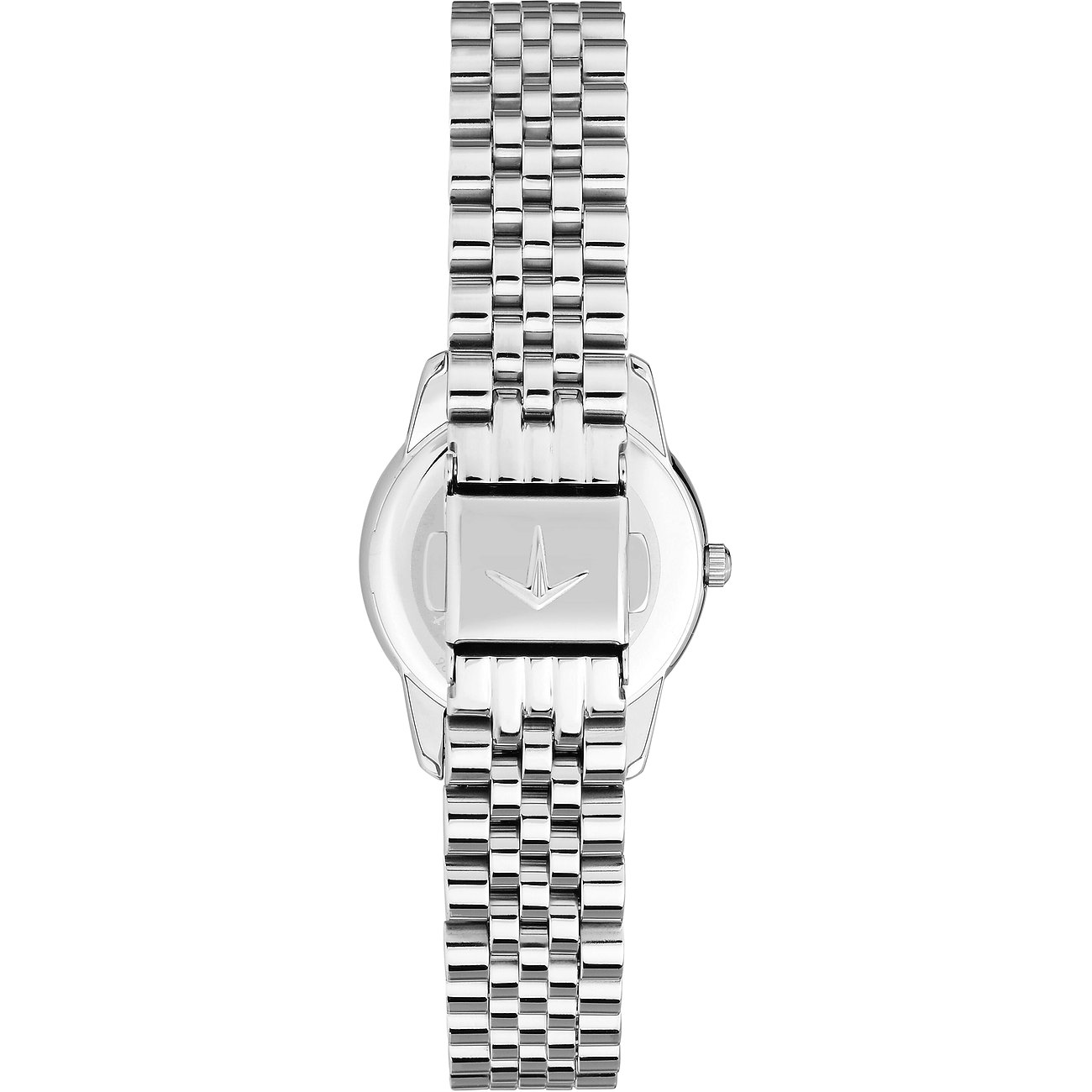 Dos d'une montre femme Lucien Rochat en acier inoxydable avec mécanisme de fermoir détaillé.