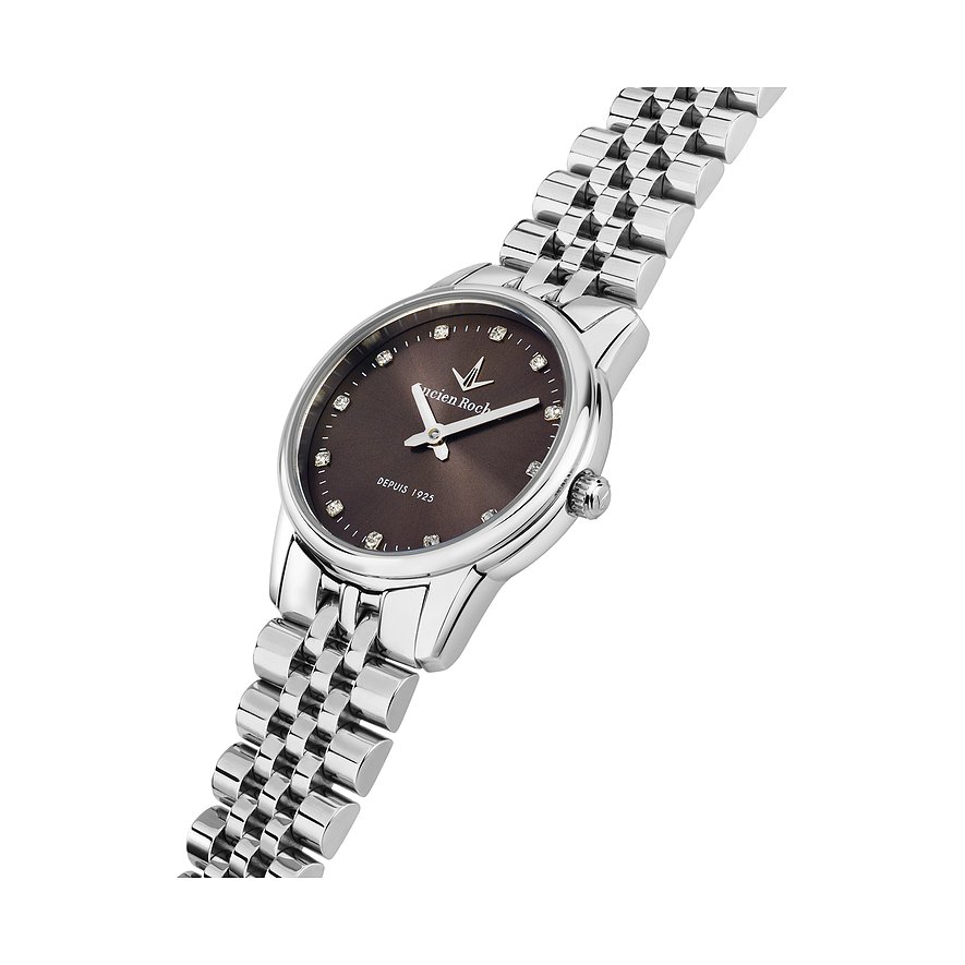 Montre femme Lucien Rochat en acier inoxydable, vue oblique du dessus, cadran marron, index diamants.
