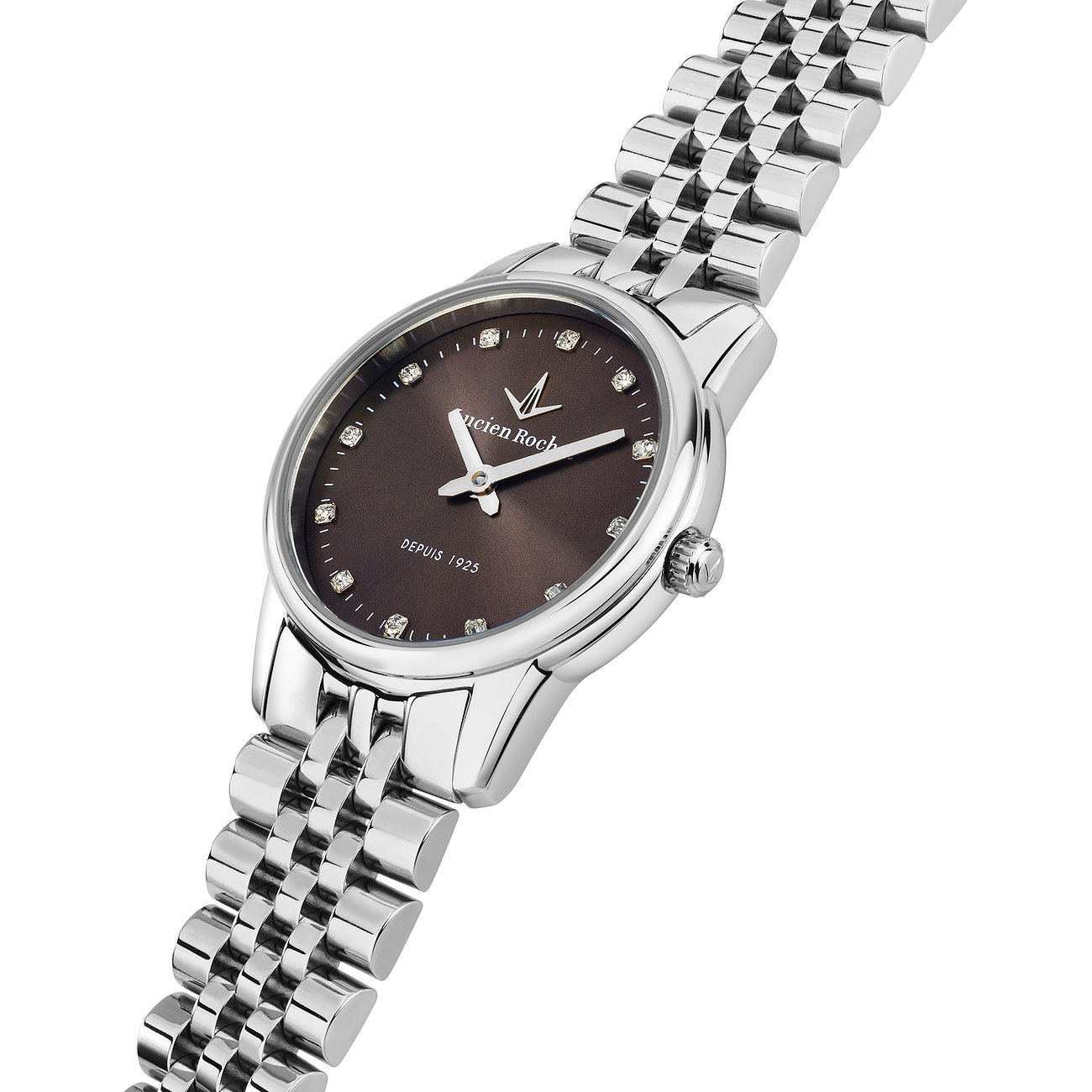 Montre femme Lucien Rochat en acier inoxydable, vue oblique du dessus, cadran marron, index diamants.