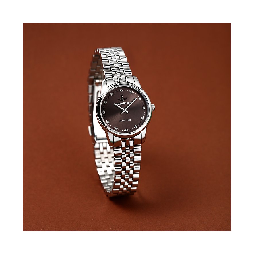 Une montre dame Lucien Rochat en acier inoxydable avec cadran marron et diamants, alliant élégance et précision.