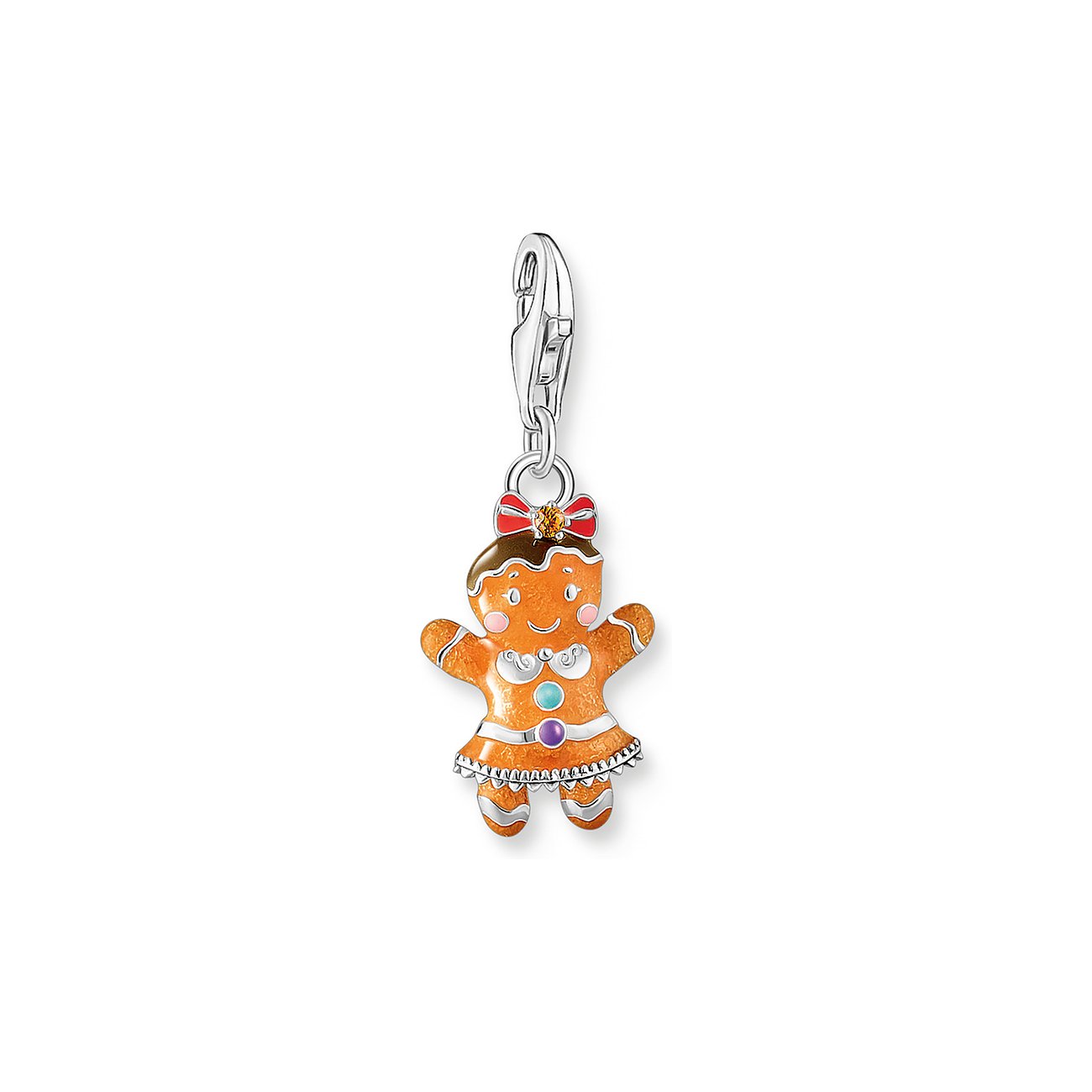 Thomas Sabo Lebkuchen-Mädchen Charm aus Silber und Emaille mit Zirkonia, Nahaufnahme.