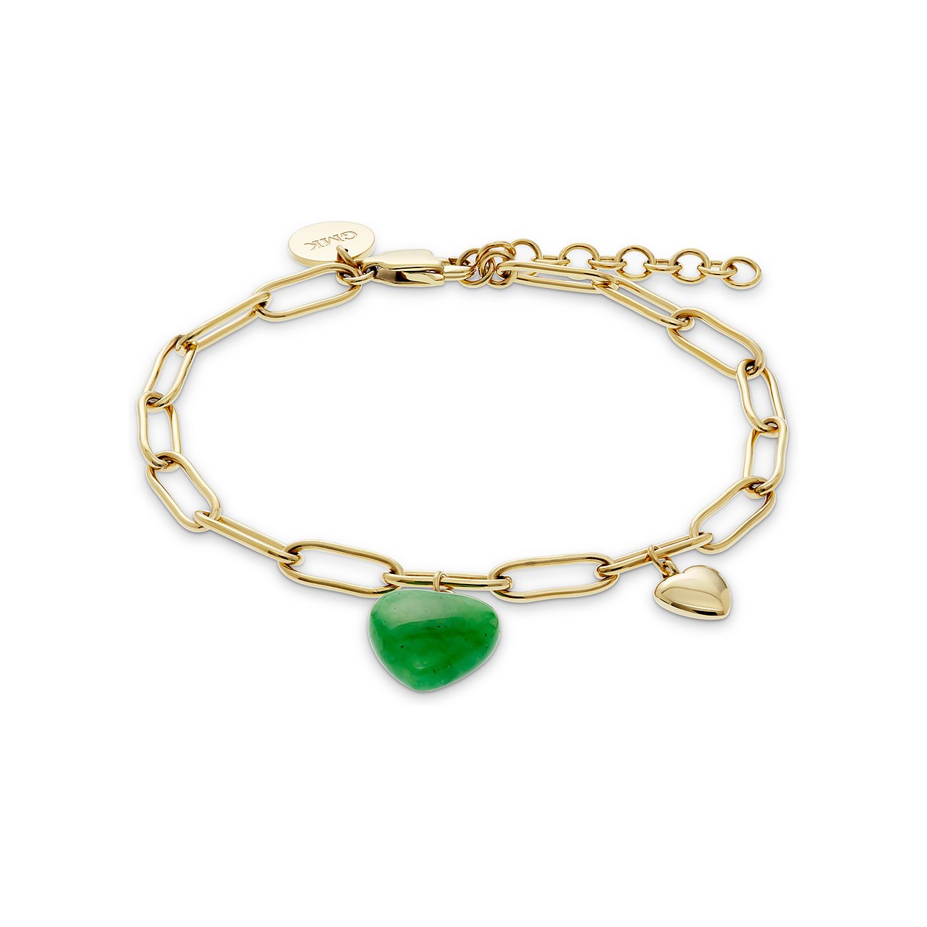 Bracelet GMK Collection en acier inoxydable avec un pendentif cœur en cristal vert.