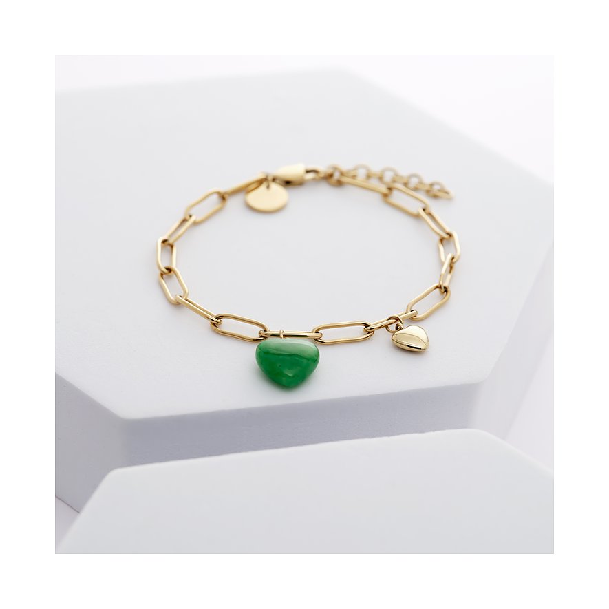 Bracelet GMK Collection en acier inoxydable avec breloques et cristal vert.
