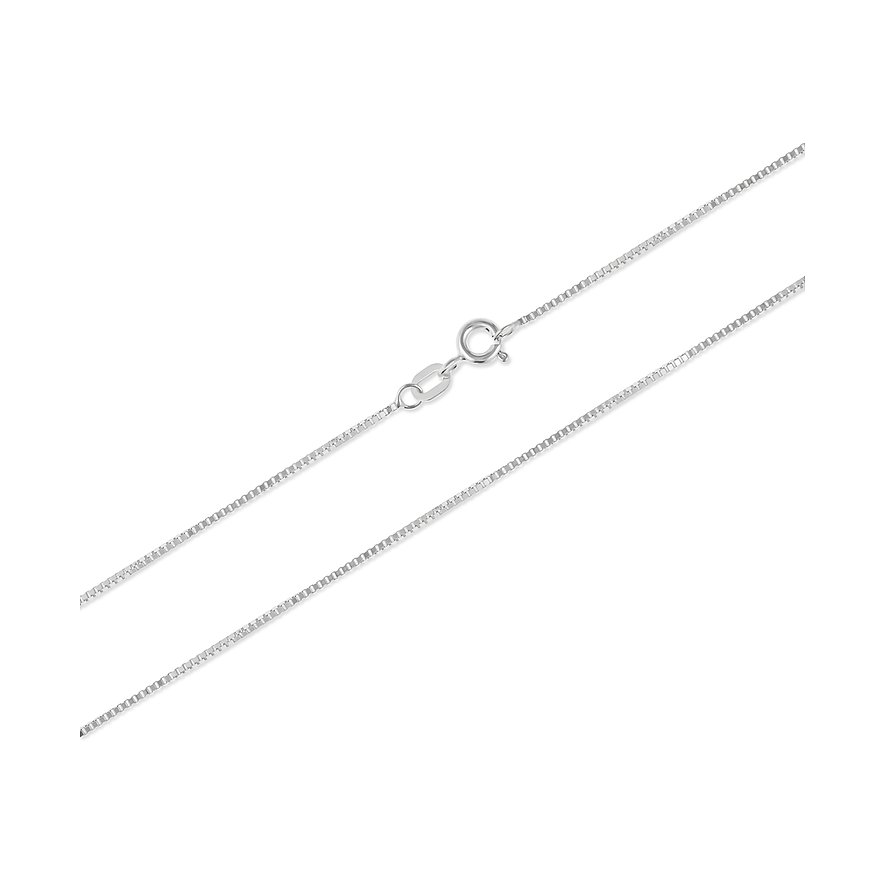 FAVS Halskette aus Weißgold, ein feines Boxketten-Design mit Karabinerverschluss, liegend vor weißem Hintergrund.