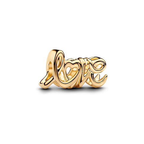Pandora Anhänger aus Gelbgold mit Schriftzug "Love" und Herz-Details.
