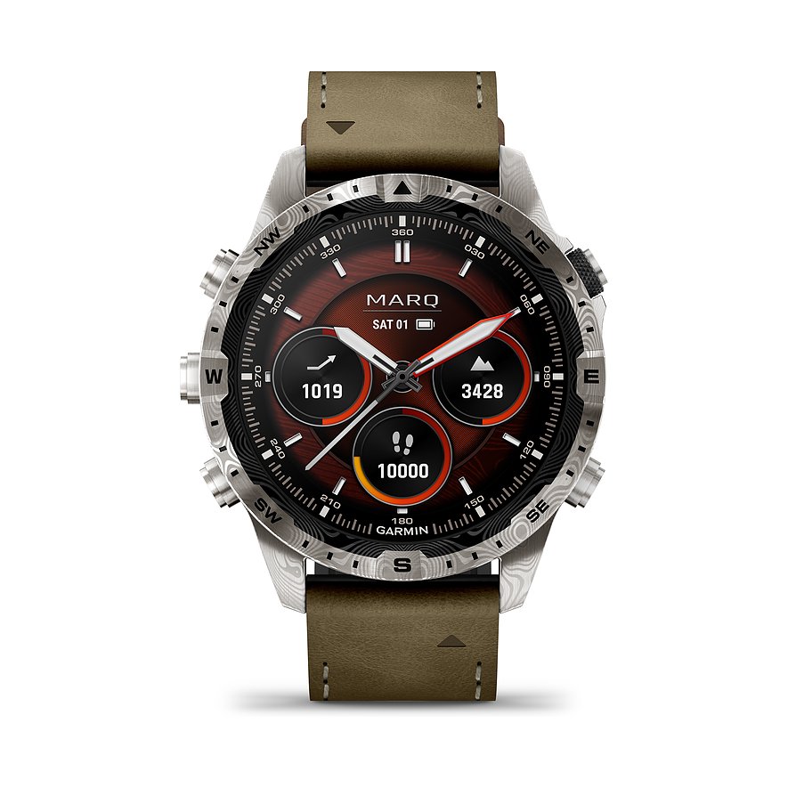 Garmin Smartwatch MARQ Adventurer (GEN 2) Damascus Steel Edition 010-03393-31, Herren, Metall, Armband: Leder/Kautschuk, Akku, digital