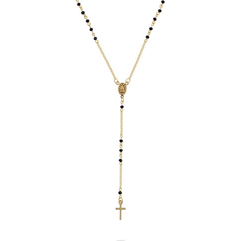 Langes Collier aus recyceltem 925er Silber in Goldfarbe mit schwarzen Perlen, einem ovalen Medaillon und einem Kreuzanhänger.