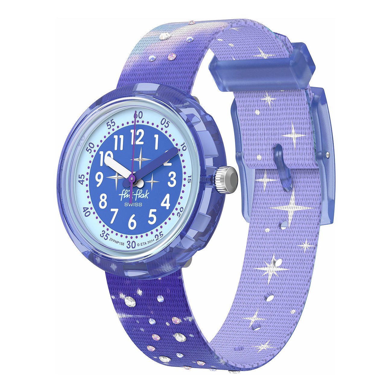 Montre Flik Flak pour enfants avec boîtier en plastique, cadran bleu et motif d'étoiles.