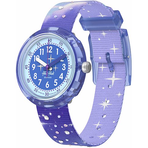Flik Flak Kinderuhr mit Kunststoffgehäuse, blauem Zifferblatt und Sternenmuster.
