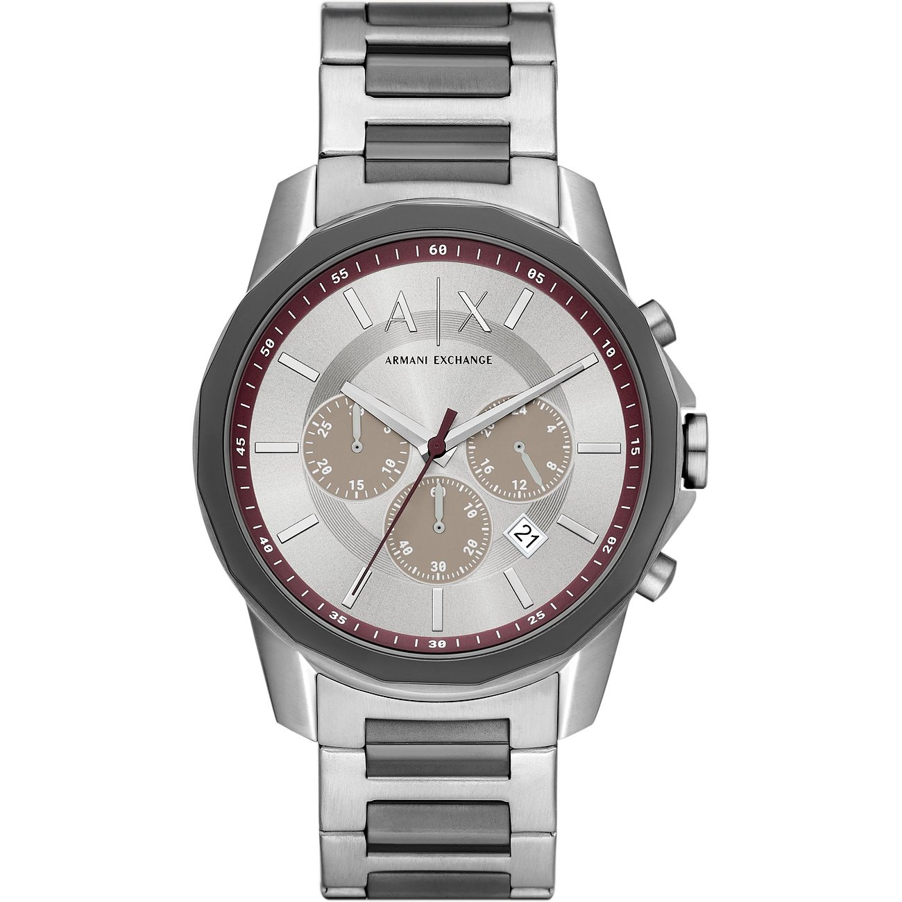 Armani Exchange Herrenuhr aus Edelstahl mit silbernem Zifferblatt und braunen Hilfszifferblättern.