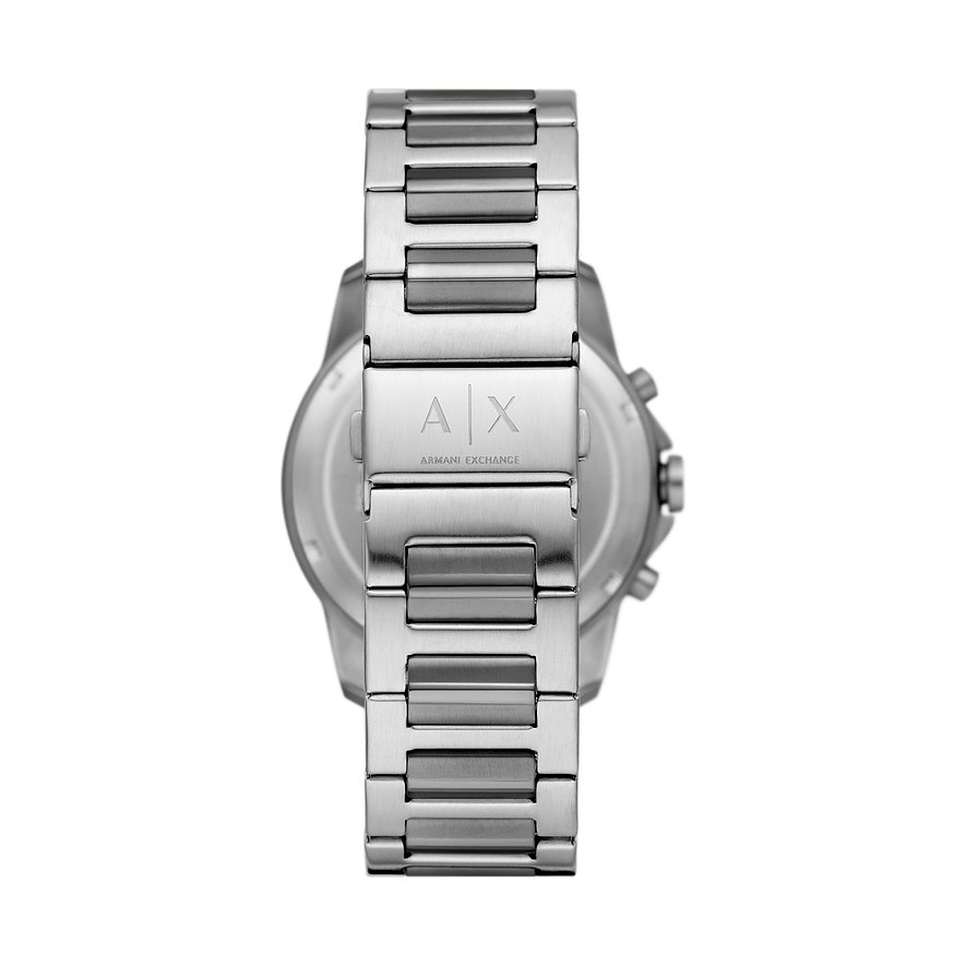 Rückansicht der Armani Exchange Herrenuhr aus silberfarbenem Edelstahl, die den Verschluss mit Branding zeigt.