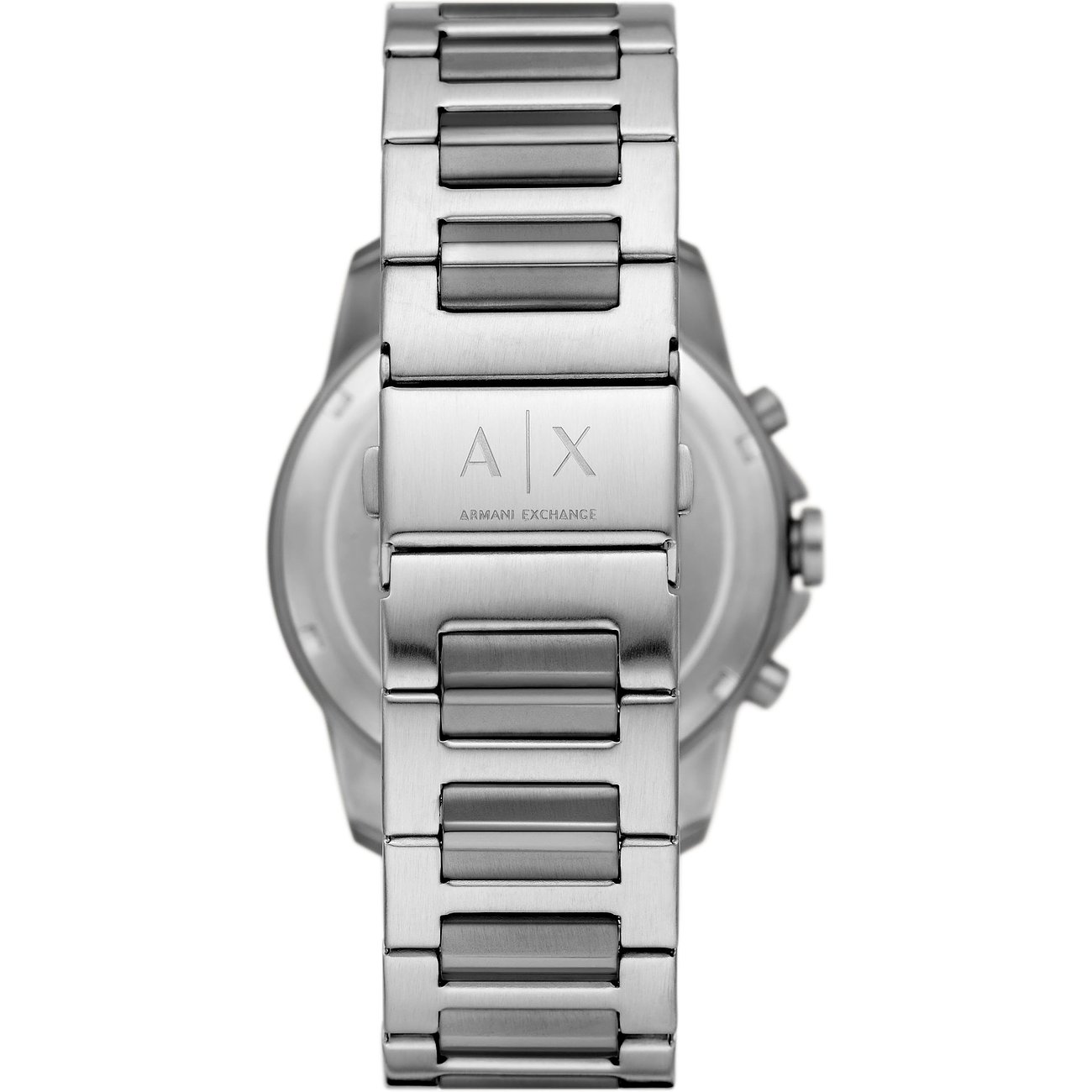 Rückansicht der Armani Exchange Herrenuhr aus silberfarbenem Edelstahl, die den Verschluss mit Branding zeigt.