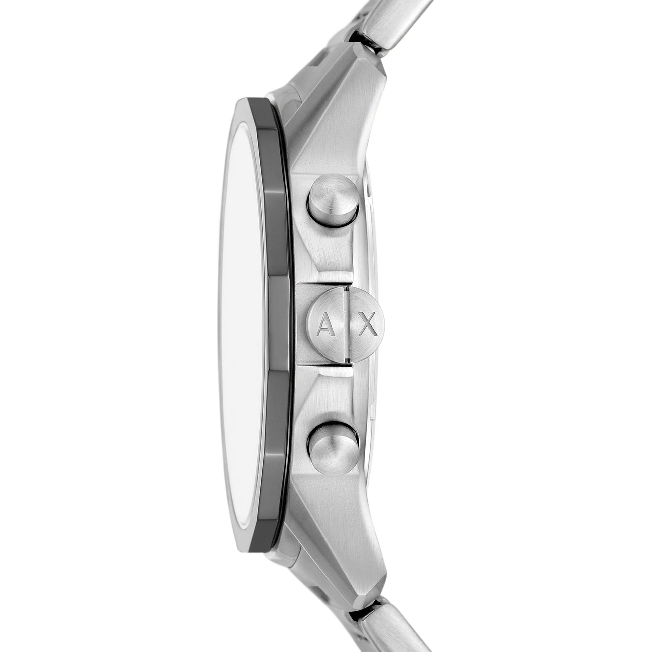 Seitenansicht der Armani Exchange Herrenuhr aus silberfarbenem Edelstahl mit AX-Logo auf der Krone.