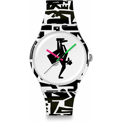Swatch unisexklocka i plast med vit urtavla och neonfärgade visare, prydd med ett grafiskt mönster.