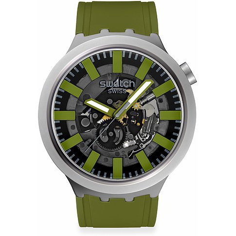 Orologio unisex Swatch con cassa tonda in acciaio, cinturino in silicone verde e quadrante a vista.