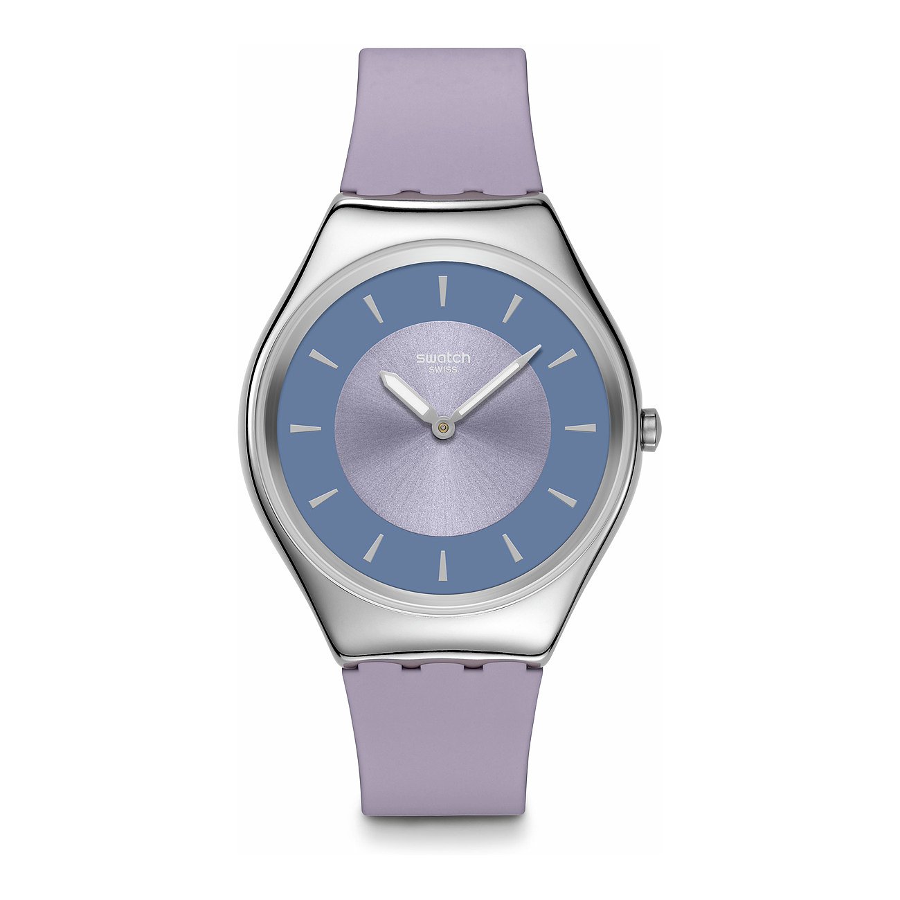 Swatch Unisexuhr mit Edelstahlgehäuse, blauem Zifferblatt und lila Armband.