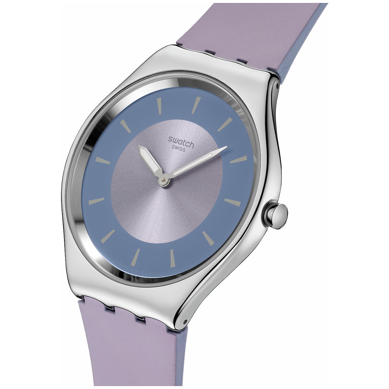 Swatch Uhr mit Edelstahlgehäuse, blauem Zifferblatt und lila Armband.