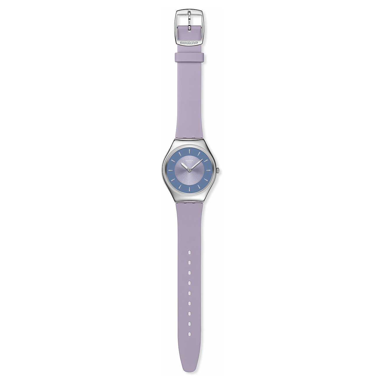 Swatch Unisexuhr mit Edelstahlgehäuse, blauem Zifferblatt und lila Armband.