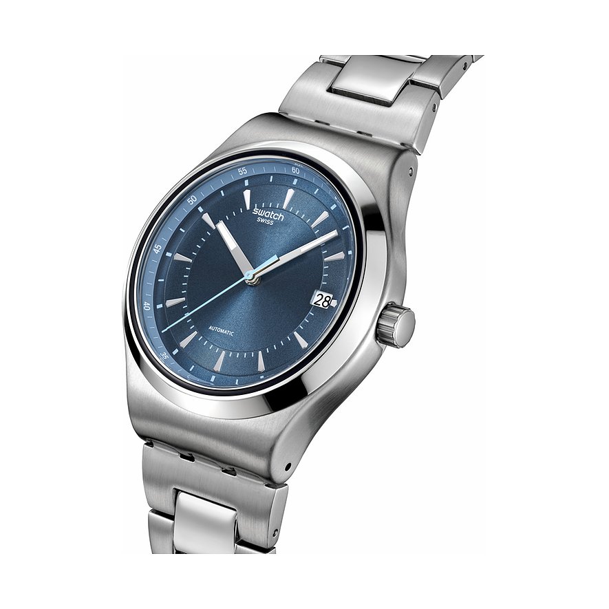 Montre unisexe Swatch avec boîtier en acier inoxydable, cadran bleu et affichage de la date.