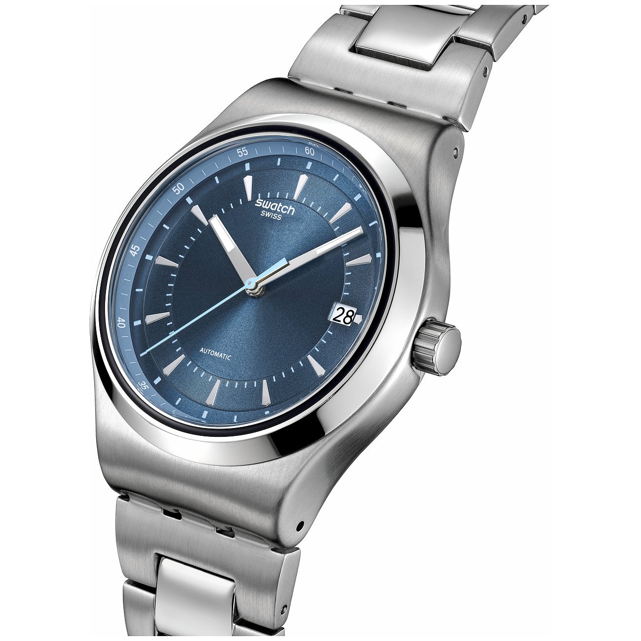 Montre unisexe Swatch avec boîtier en acier inoxydable, cadran bleu et affichage de la date.