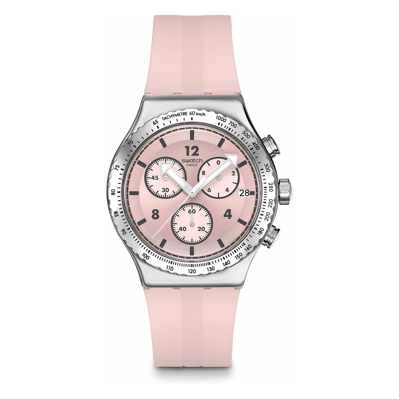 Swatch Herrenuhr mit Edelstahlgehäuse, rosafarbenem Zifferblatt und Chronograph.