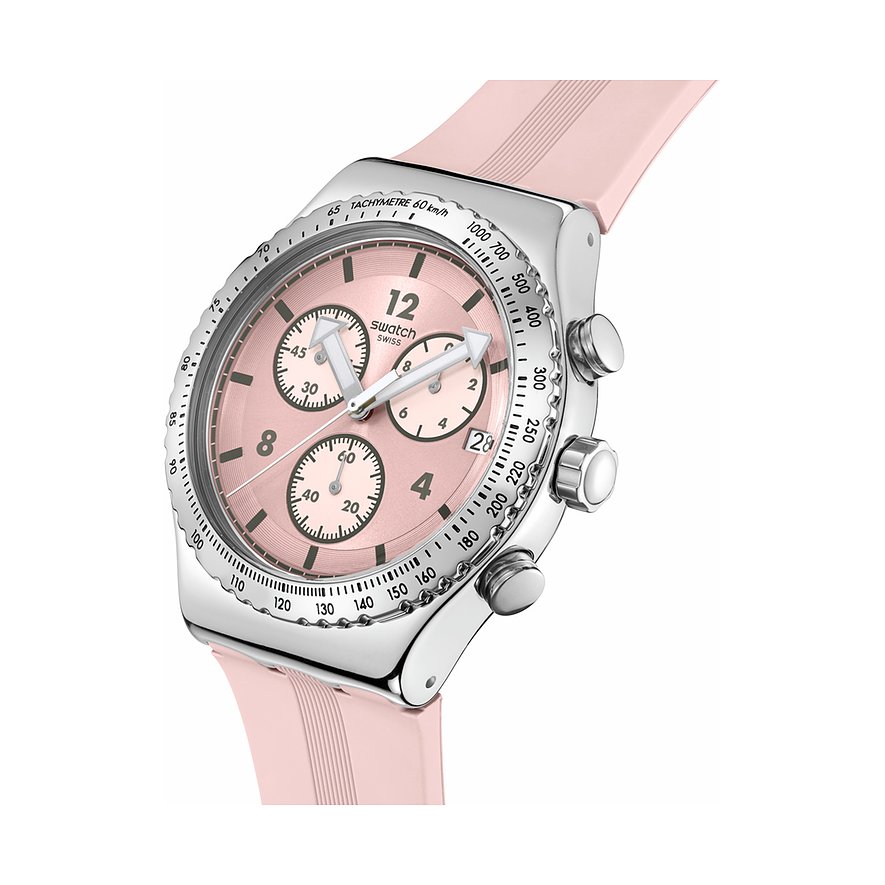 Swatch Herrenuhr mit Edelstahlgehäuse, analog, rosafarbenes Zifferblatt und Chronograph.