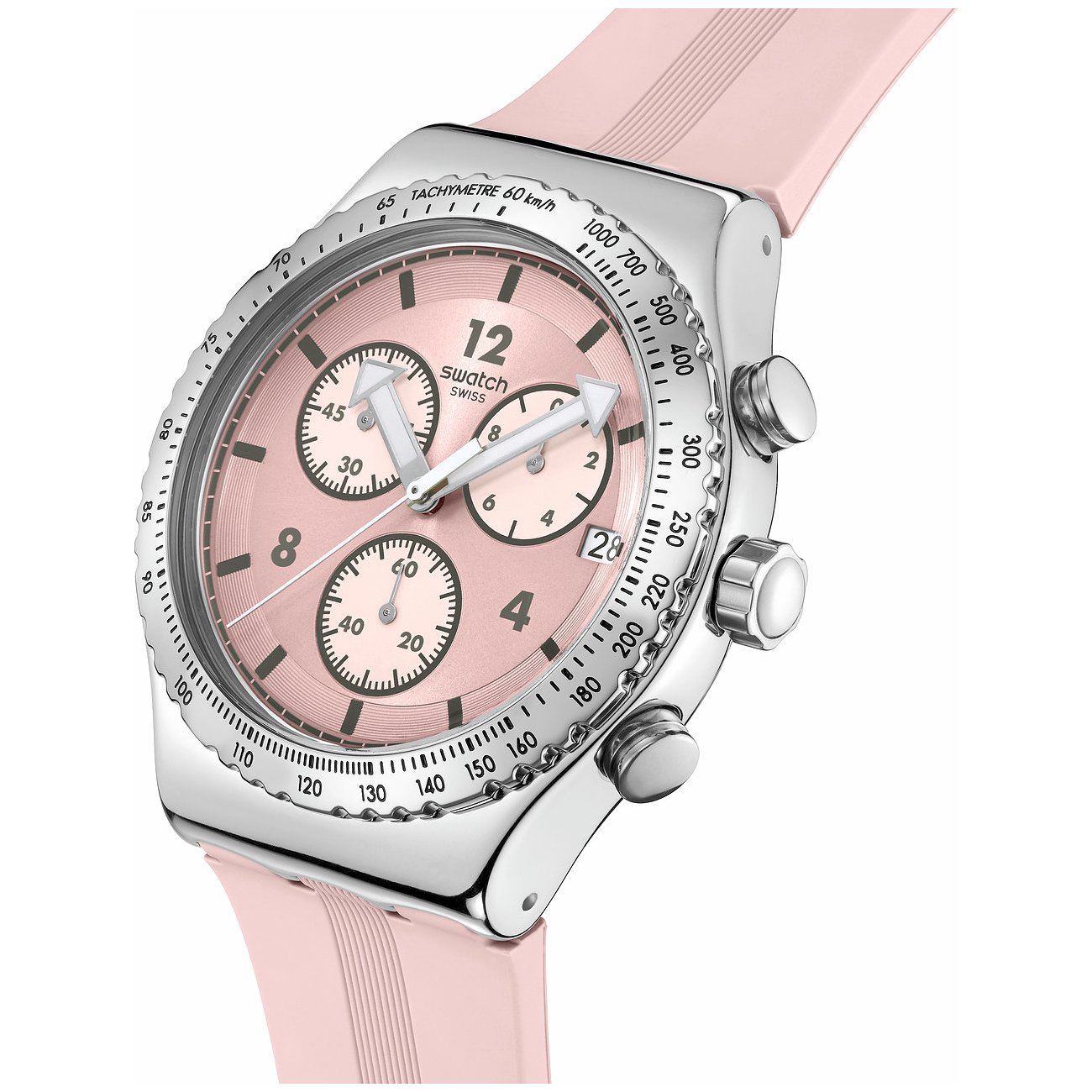 Swatch Herrenuhr mit Edelstahlgehäuse, analog, rosafarbenes Zifferblatt und Chronograph.