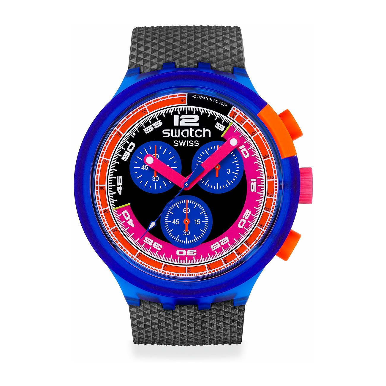 Swatch Unisexuhr mit Kunststoffgehäuse, analog, Chronograph, bunte Lünette.