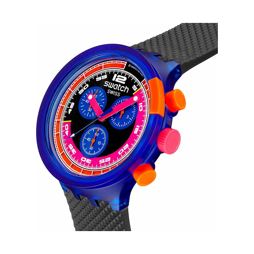 Swatch Unisexuhr mit Kunststoffgehäuse, analog, Chronograph, bunte Lünette.