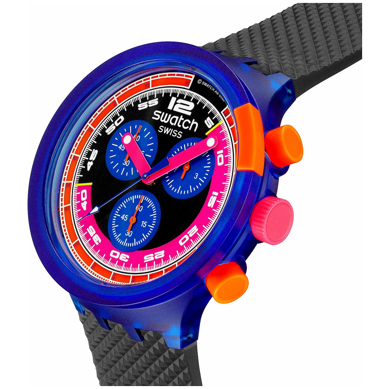 Swatch Unisexuhr mit Kunststoffgehäuse, analog, Chronograph, bunte Lünette.