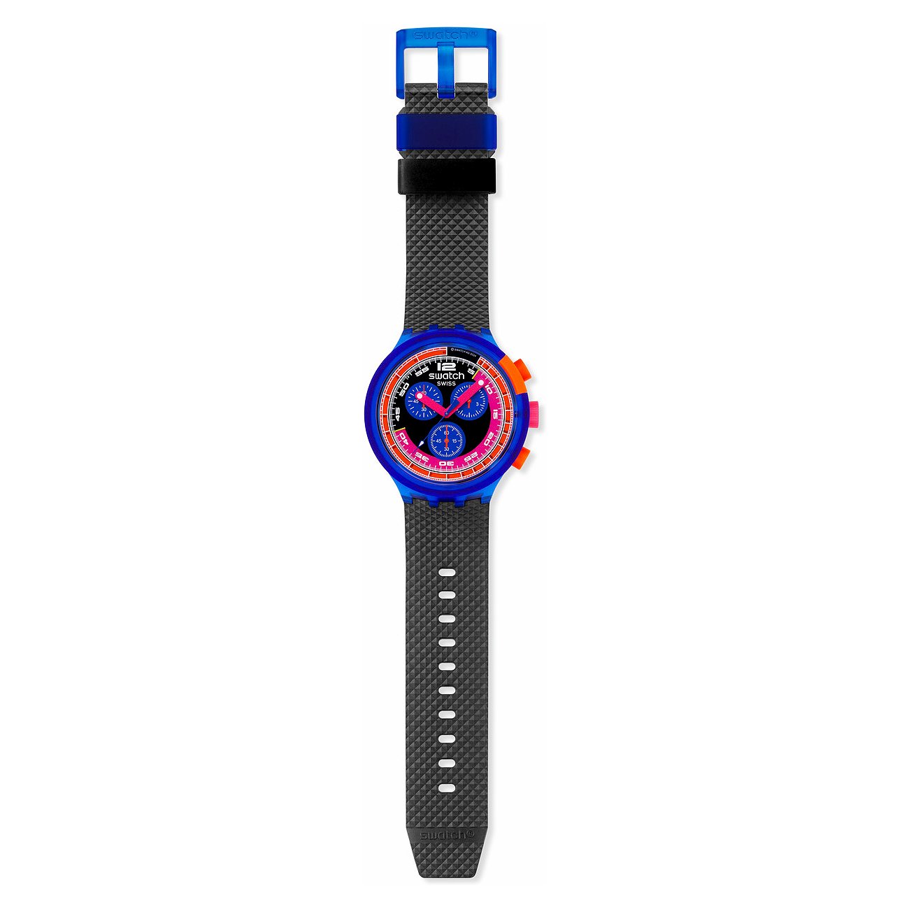 Swatch Unisexuhr mit Kunststoffgehäuse, analog, mit Chronograph und farbigem Zifferblatt.